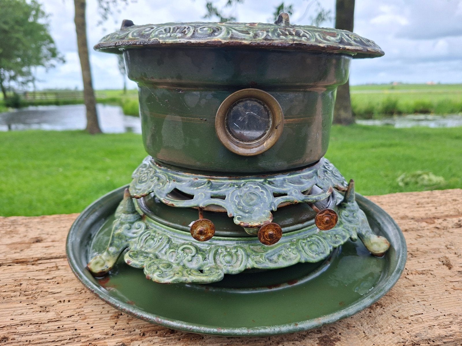 Antiek groen Petroleumstel gietijzer, Ophalen of Verzenden