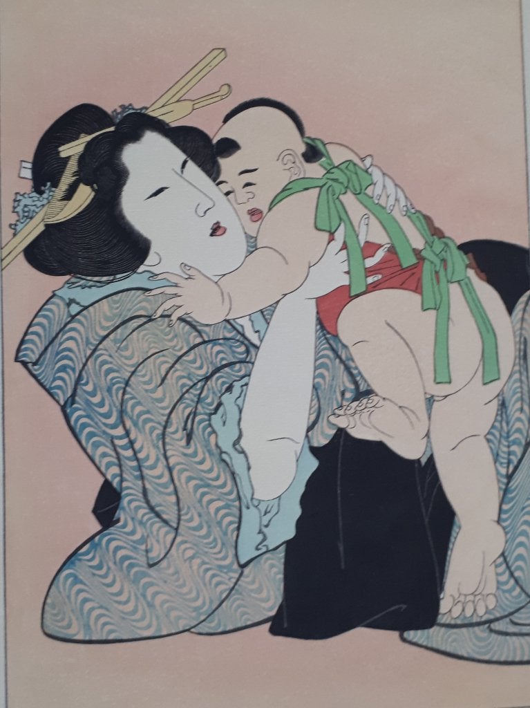 Japanse Houtblok Prent Hokusai Vrouw Kind Takamizawa ca 1950, Antiek en Kunst, Kunst | Niet-Westerse kunst, Verzenden