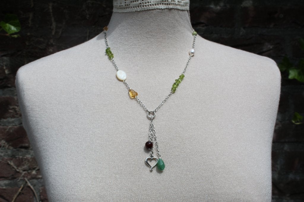 Edelsteen Halsketting met Parel, Citrien, Peridoot, Trochus, Sieraden, Tassen en Uiterlijk, Kettingen, Ophalen of Verzenden, Zo goed als nieuw