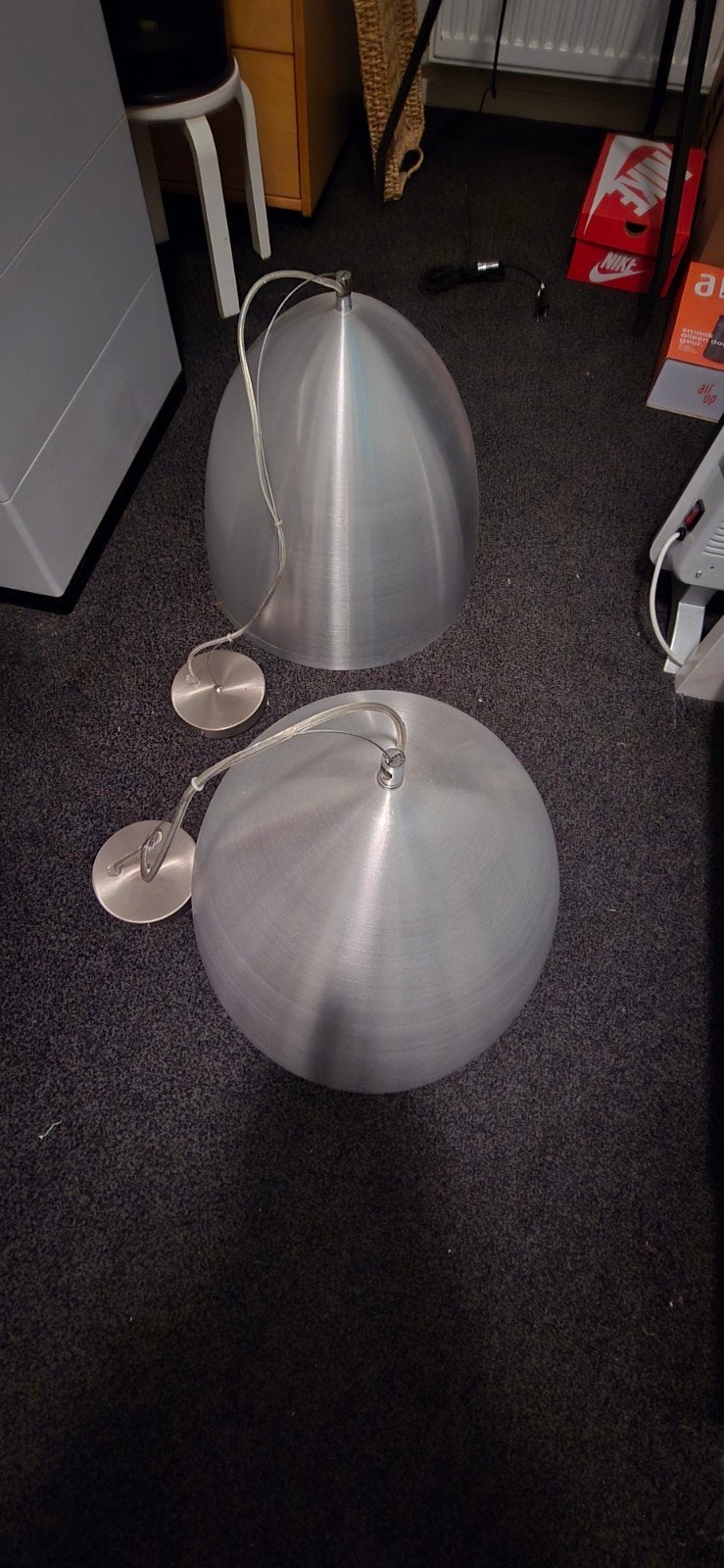Set van 2 moderne aluminium hanglampen, Huis en Inrichting, Lampen | Hanglampen, Ophalen, Gebruikt, Modern, Industrieel, E27 (groot)