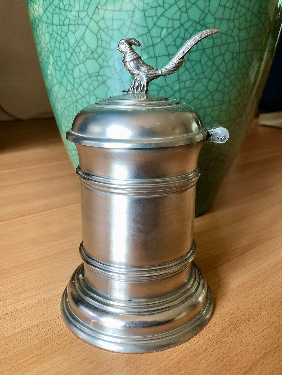 Tinnen beker met scharnierdeksel, Ophalen of Verzenden