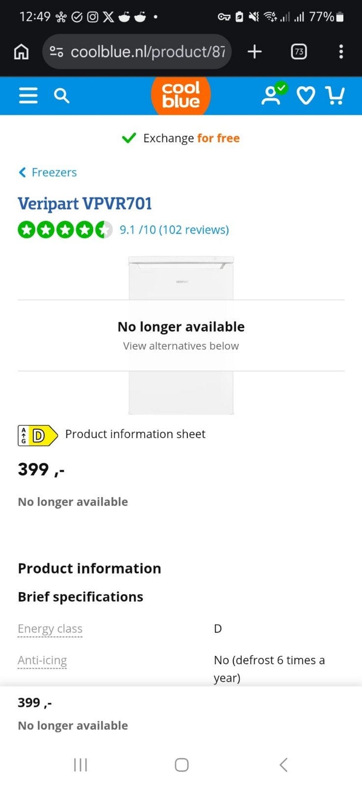 Veripart VPVR701 Vriezer - 85L, Energieklasse D, Ophalen