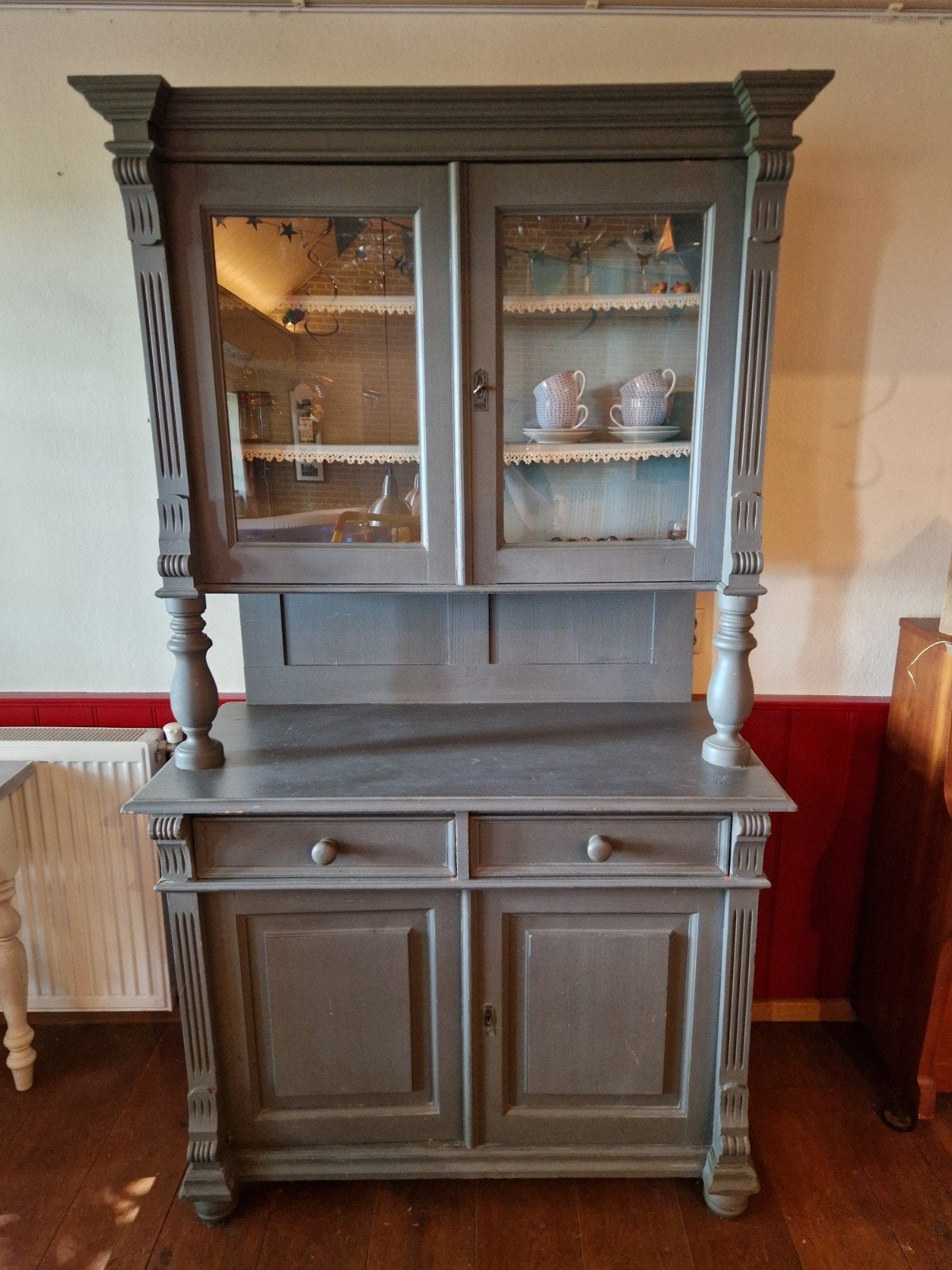 Brocante antieke buffetkast / servieskast grijs, Ophalen, Gebruikt, 200 cm of meer, Brocante