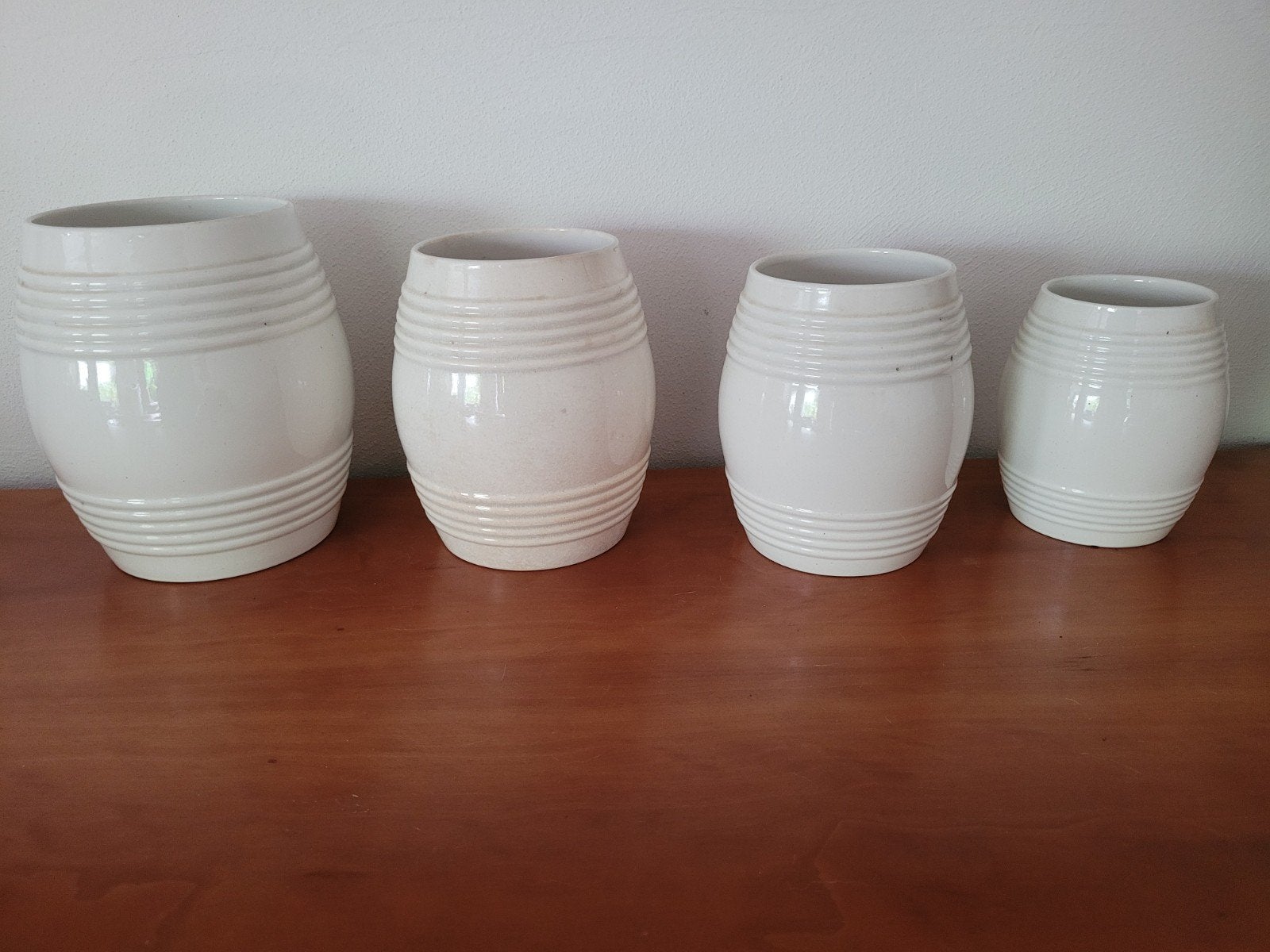 Set 4 x vintage tonnetje pot Société Ceramique wit witte ton, Ophalen of Verzenden
