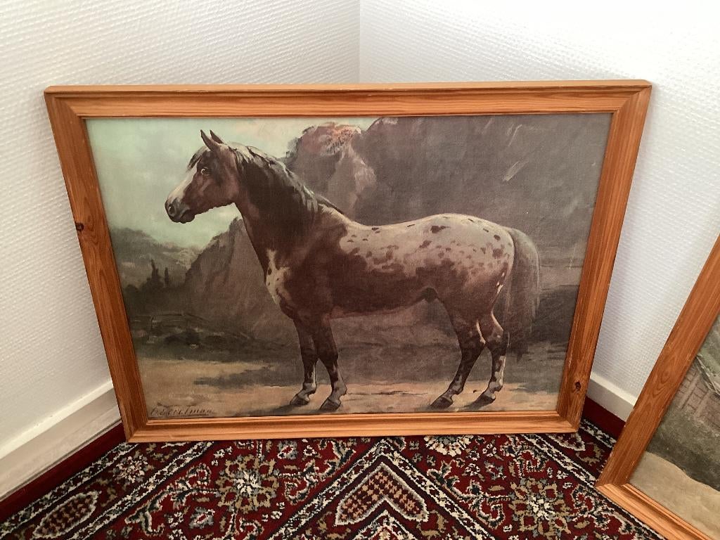2 grote wandprenten met paarden, Ophalen, Gebruikt, 65 cm, Landelijk