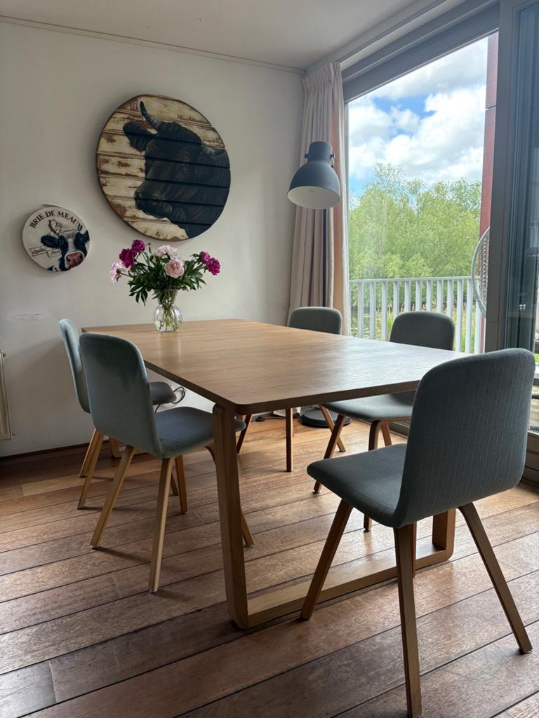 Eikenhouten Bolia eettafel met 5 stoelen - Modern design, Ophalen, 100 tot 150 cm, Eikenhout, 50 tot 100 cm