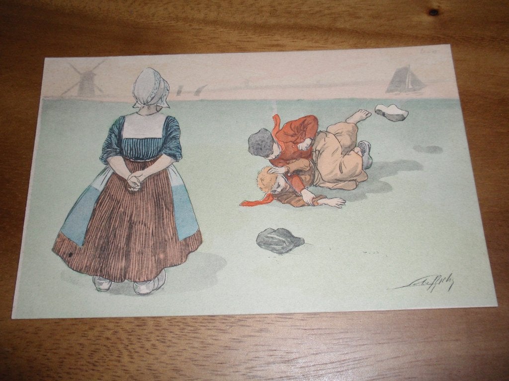 Illustrator Jongens vechten om Meisje Kinderen Klederdracht, Verzenden, Voor 1920, Ongelopen, Kinderen