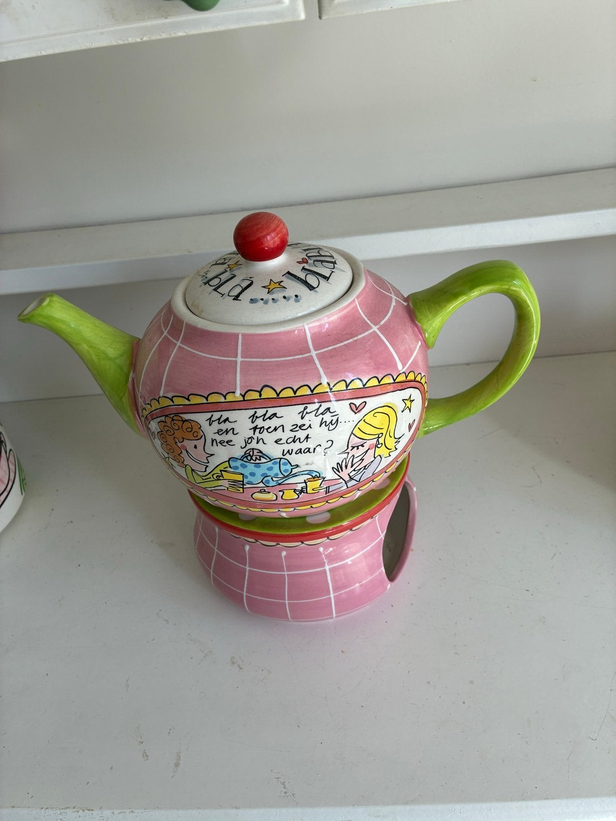 Blond Amsterdam Theepot met Warmer - Roze Geruit, Ophalen, Keramiek, Zo goed als nieuw, Theepot
