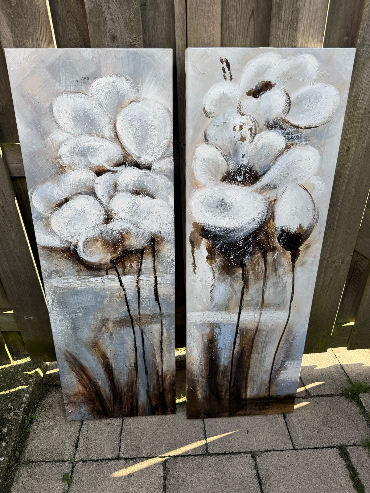 Set van 2 abstracte bloemenschilderijen op doek 120/40cm, Antiek en Kunst, Bloemen, Ophalen of Verzenden, Handgeschilderd, Olieverf