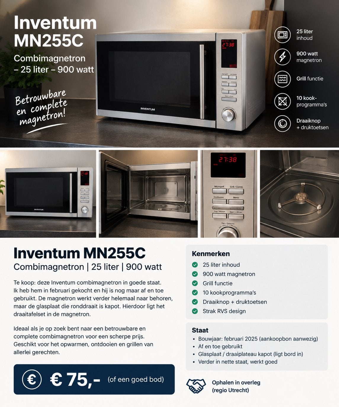 Inventum MN255C Combimagnetron - 25L, 900W, Grill, Combimagnetron, Grill, Ophalen of Verzenden, Zo goed als nieuw
