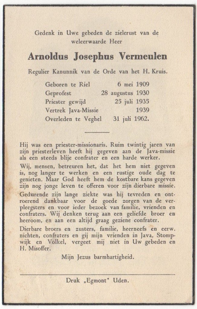pater Arnoldus J. Vermeulen 1909 Riel + 1962 Veghel (Java), Ophalen of Verzenden