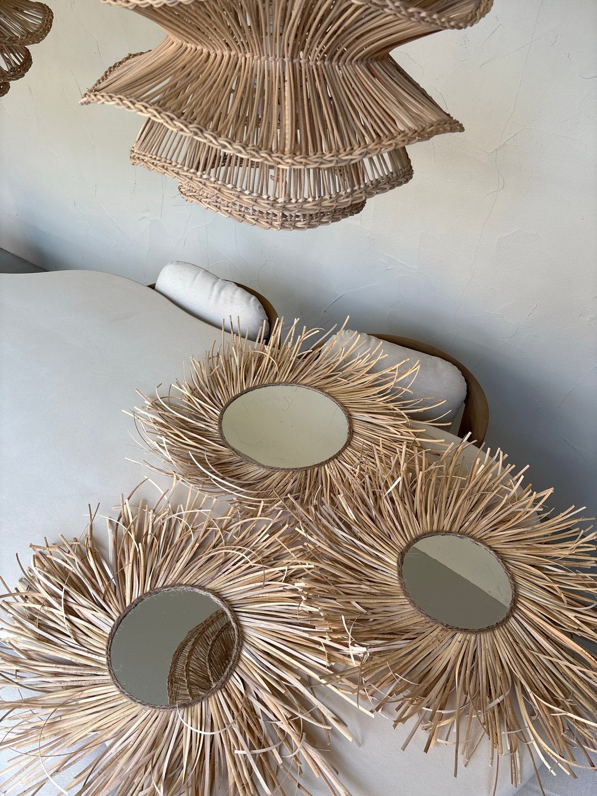 Set van 3 nieuwe raffia wandspiegels (60cm en 2x 40cm), Ophalen, Rond, Nieuw, Minder dan 100 cm