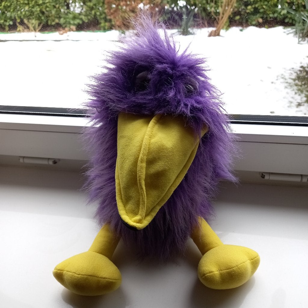 Paarse vogel handpop met geluid in de snavel., Ophalen of Verzenden, Gebruikt, Paars, Overige typen