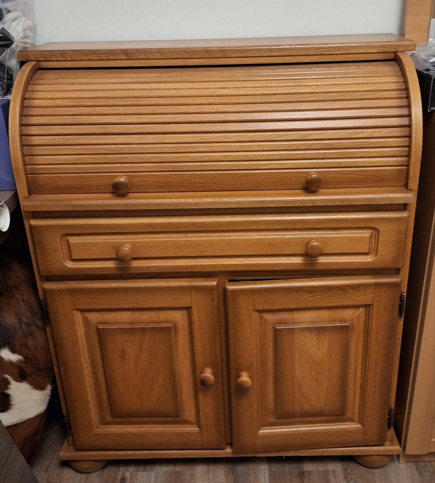 Vintage eiken rolluikbureau met opbergruimte, Ophalen