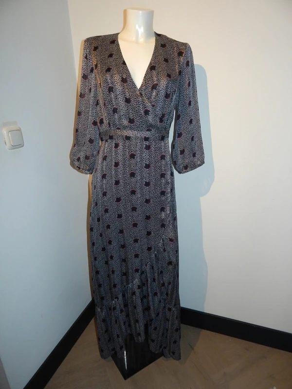 BA&SH overslag maxi dress mooie print pof mouw 2/M, Maat 38/40 (M), Verzenden, Zwart, Zo goed als nieuw