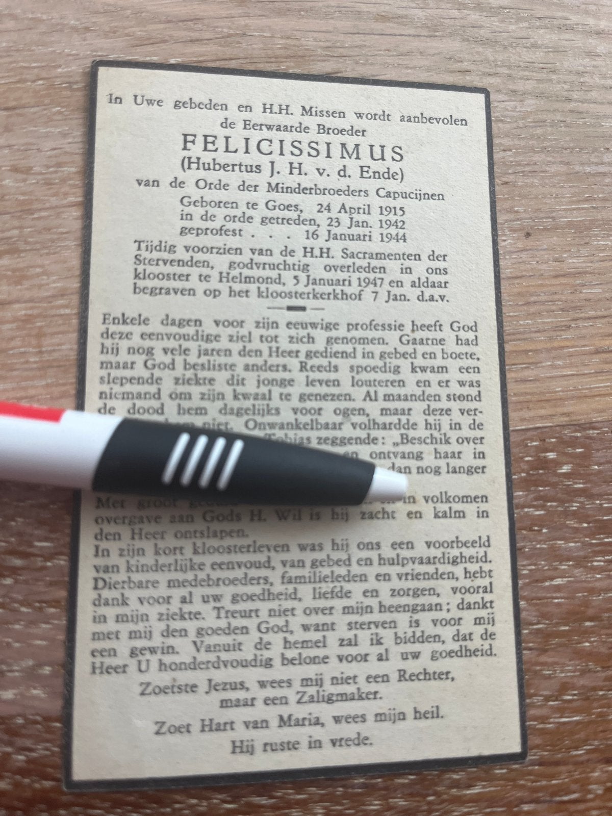 Ende v.d. Hubertus Goes 1947 Helmond priester Felicissiemus, Ophalen of Verzenden, Bidprentje
