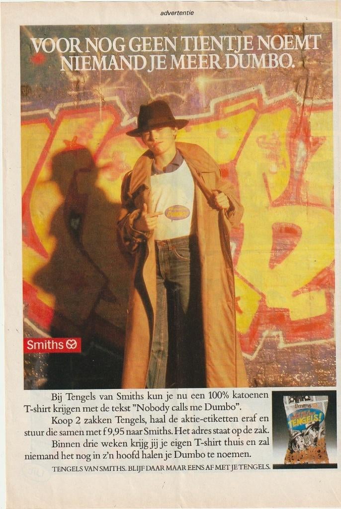 Retro reclame 1987 Smiths chips jongetje dumbo shirt, Verzamelen, Retro, Verzenden, Overige typen