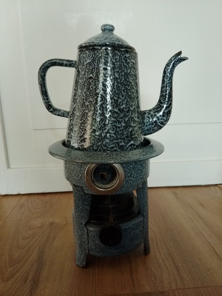 Petroleumstel en koffiepot grijs gewolkt emaille, Ophalen of Verzenden