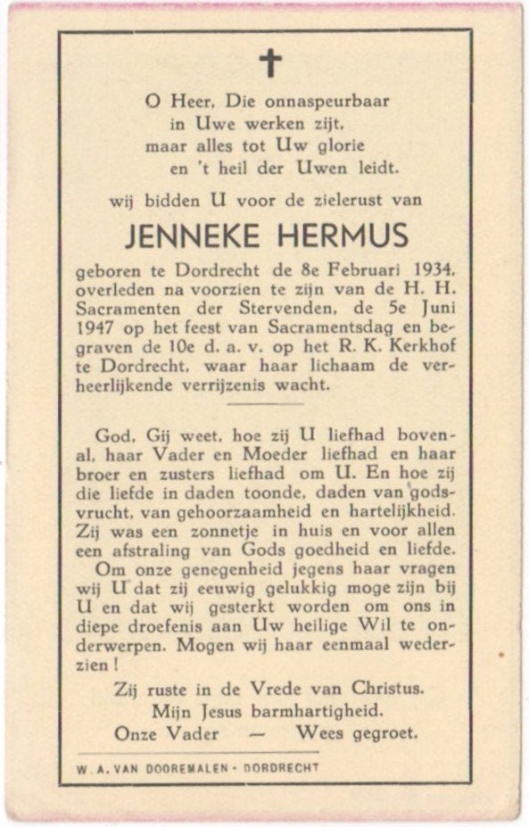Jenneke Hermus 1934 Dordrecht + 1947 Dordrecht, 13 jaar oud, Ophalen of Verzenden