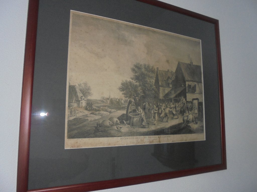 1748 Gravure "Nederlands boerenvermaak" naar David Teniers., Ophalen, Dagelijks leven, Gravure, Met tekst