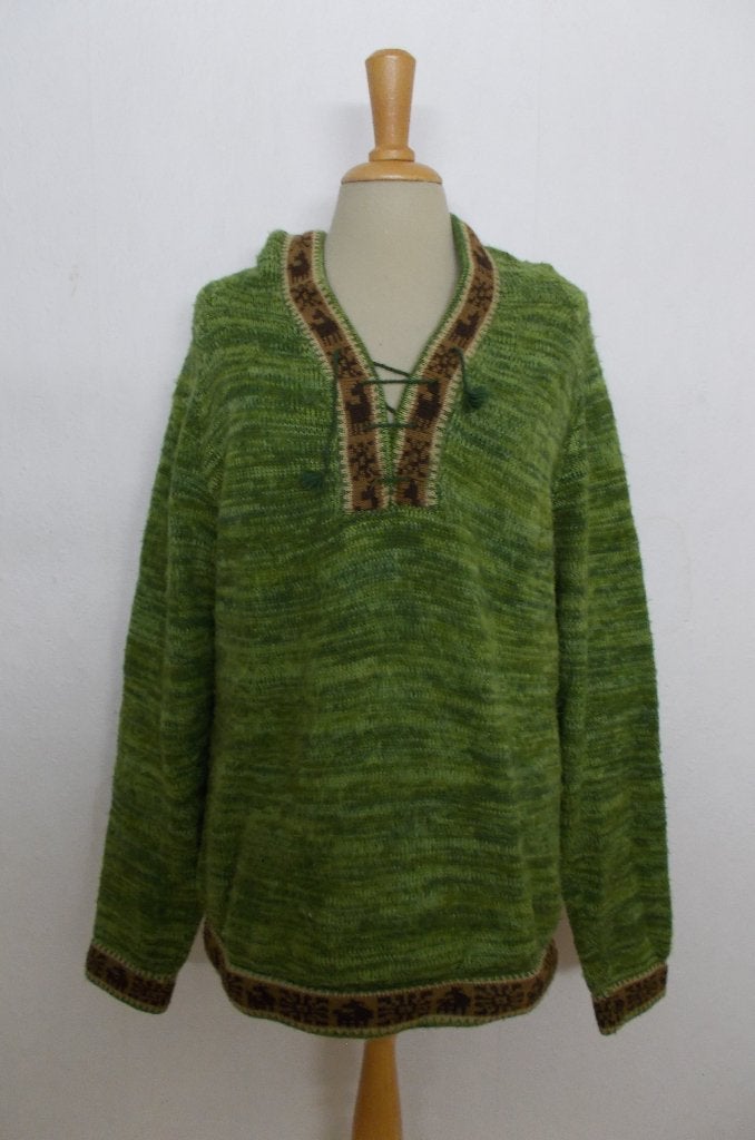 Groene alpaca print trui met capuchon! L, Kleding | Dames, Truien en Vesten, Verzenden, Zo goed als nieuw, Maat 42/44 (L), Groen