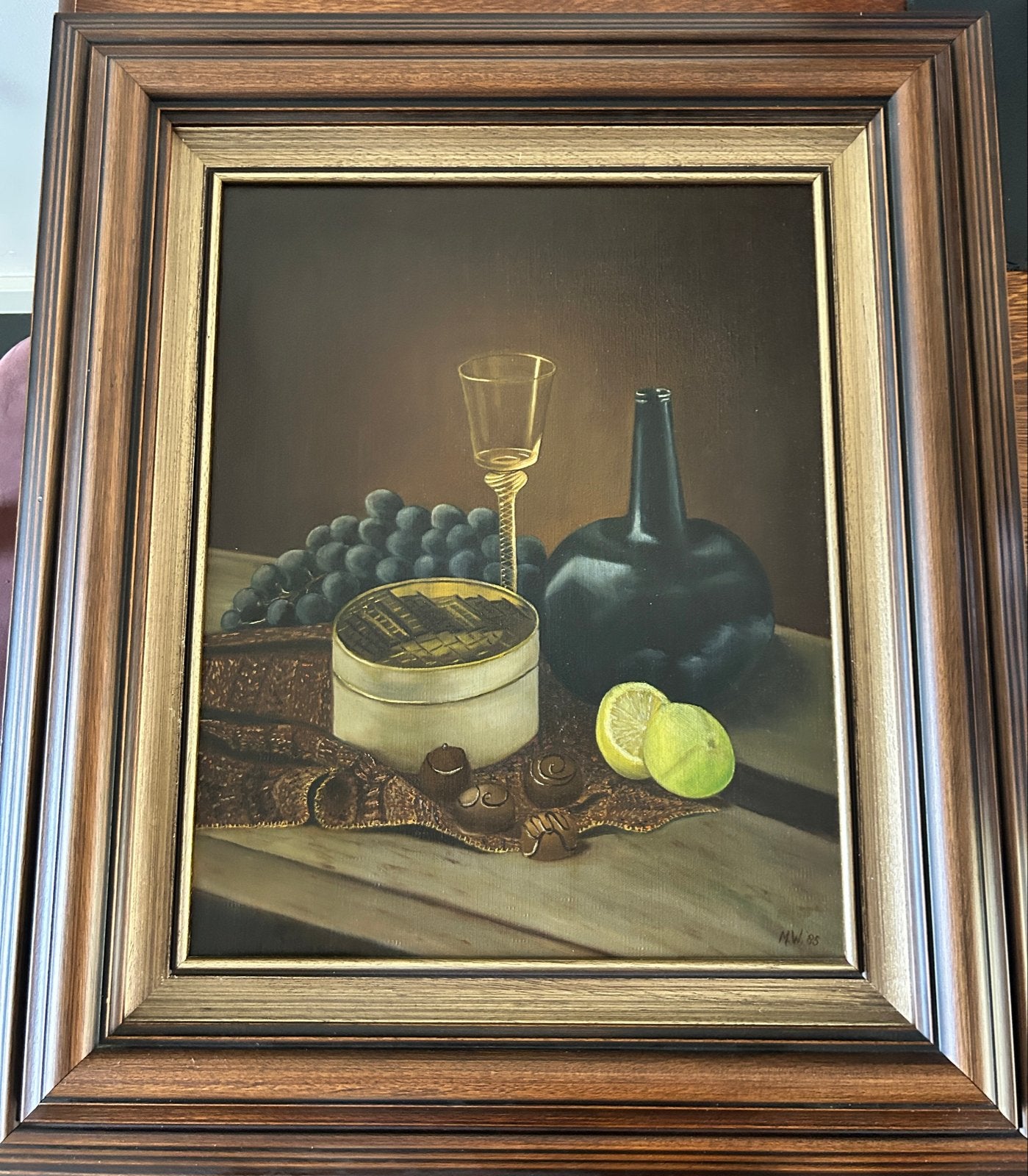 Schilderij stilleven met fruit en fles in houten lijst, Antiek en Kunst, Kunst | Schilderijen | Klassiek, Ophalen