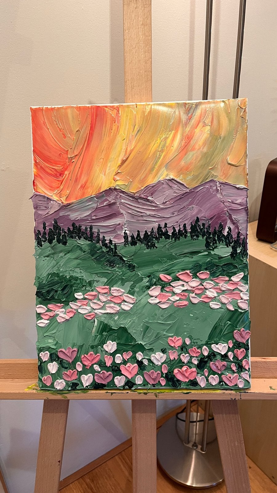 Schilderij met bergen, bomen en bloemen in reliëf, Landschap, 3D-effect, Ophalen of Verzenden, Olieverf