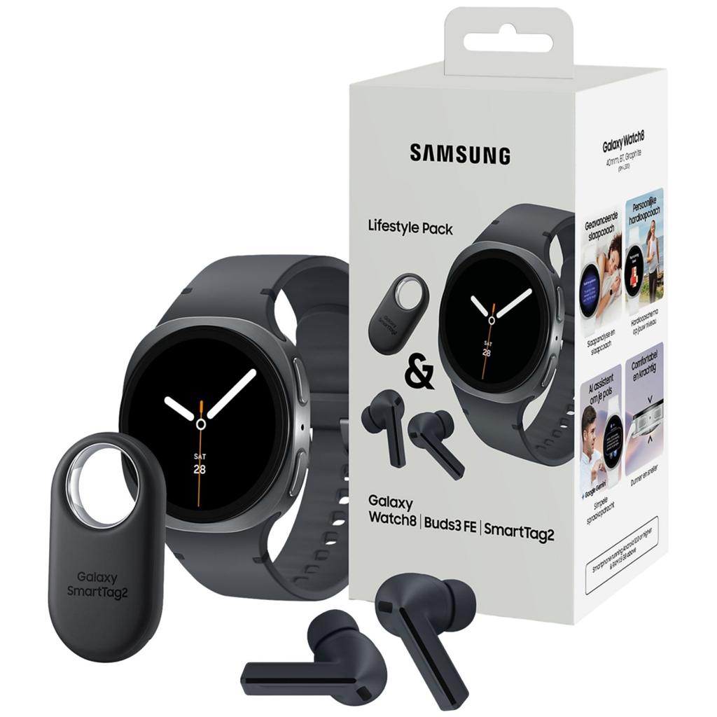 Samsung Galaxy Watch8 40mm Lifestyle Pack (Watch, Buds, Tag), GPS, Zwart, Nieuw, Ophalen of Verzenden