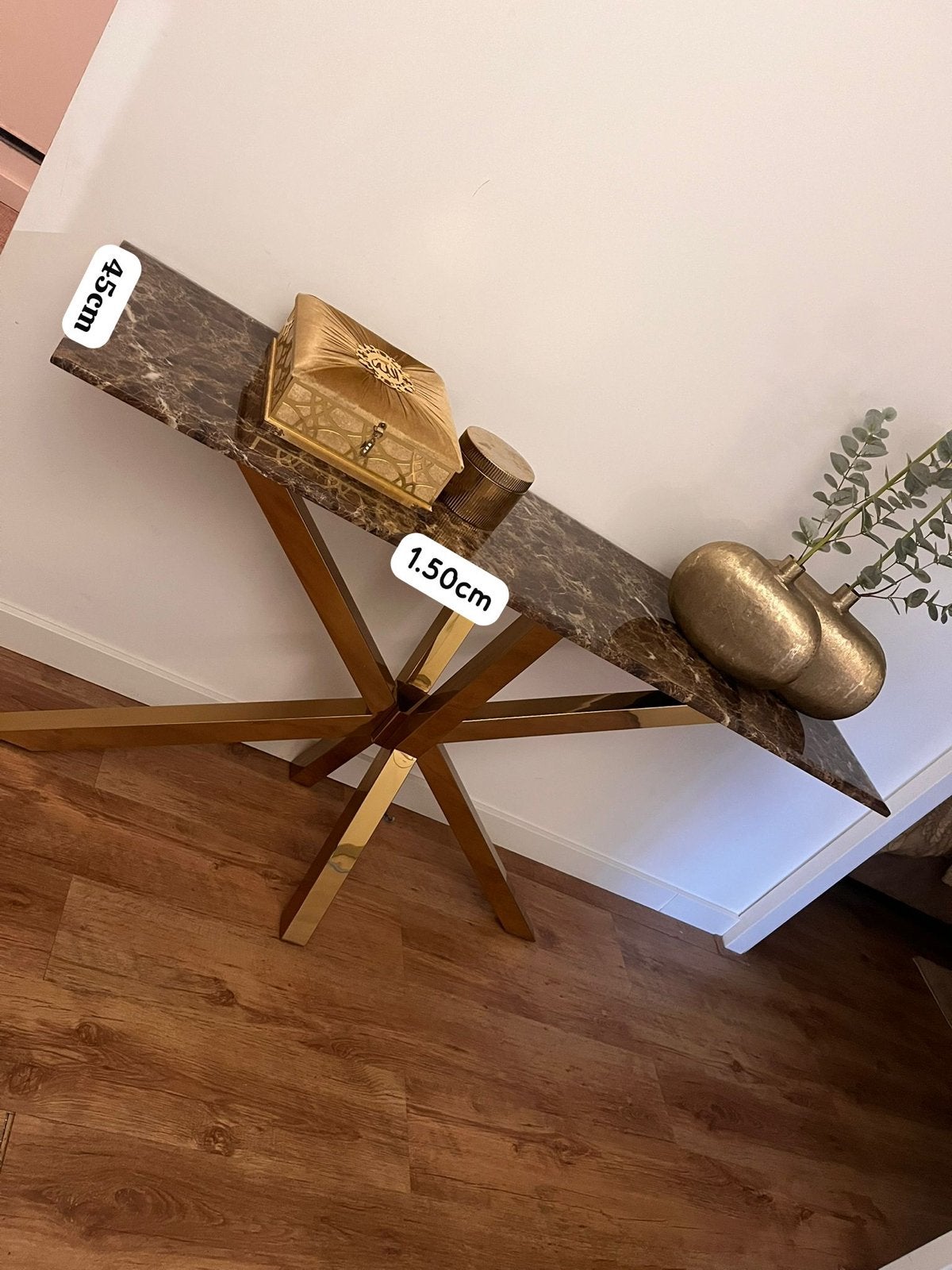 Marmeren consoletafel met gouden onderstel, Huis en Inrichting, Tafels | Sidetables, Ophalen, Gebruikt, 100 tot 150 cm, Metaal