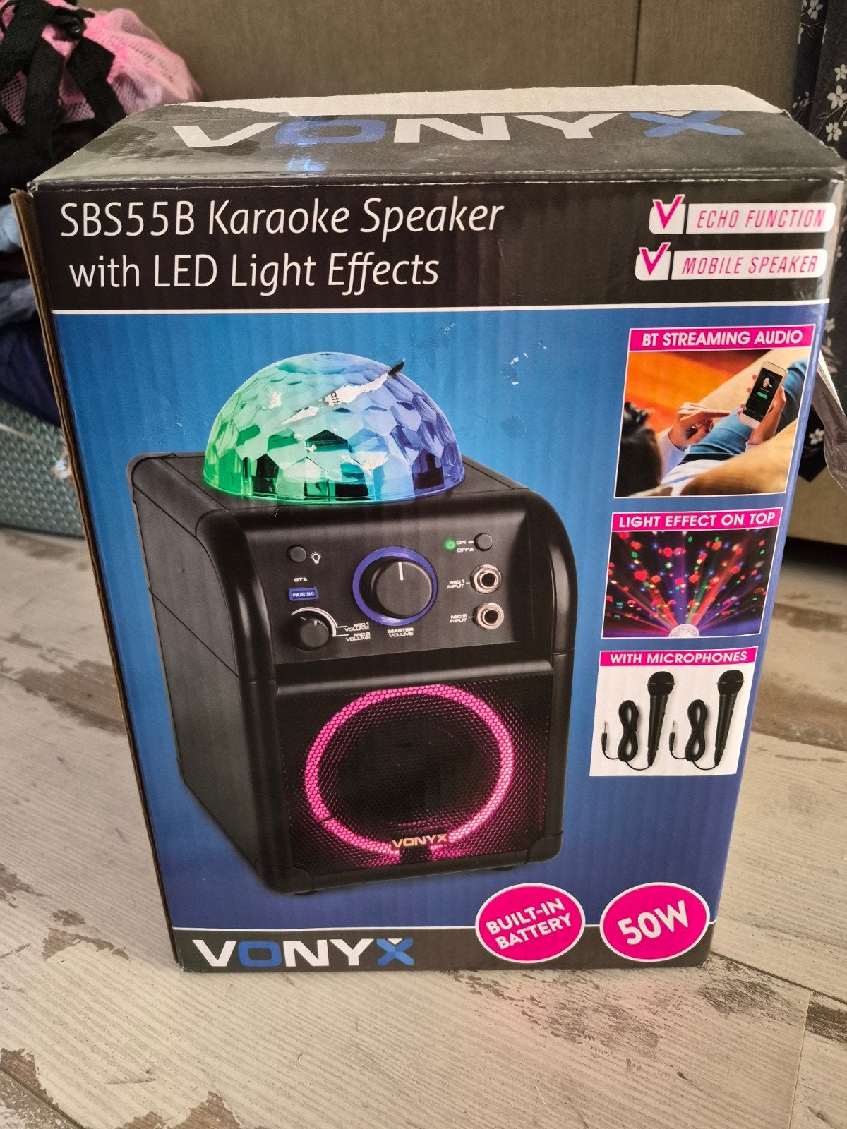 Vonyx SBS55B Karaokespeaker met Lichteffecten en Microfoo, Audio, Tv en Foto, Ophalen of Verzenden, Zo goed als nieuw