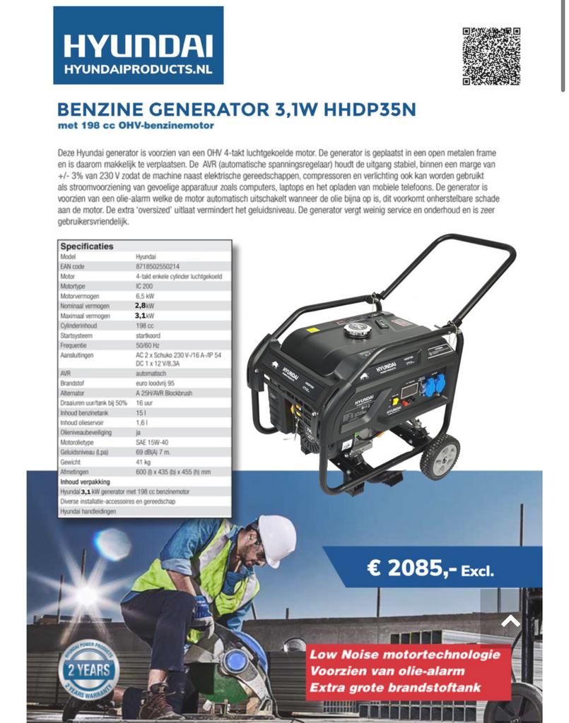 Hyundai HHD3P35N aggregaat/Generator, Ophalen, Zo goed als nieuw, Motor en Techniek
