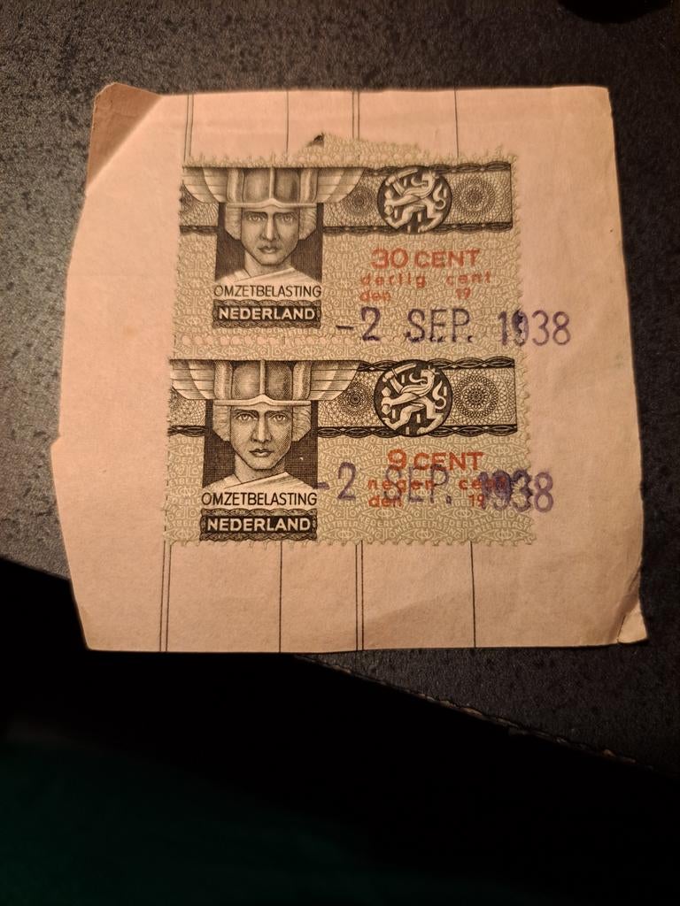Omzetbelasting zegels Nederland 1938 - 30 cent & 9 cent, Ophalen of Verzenden