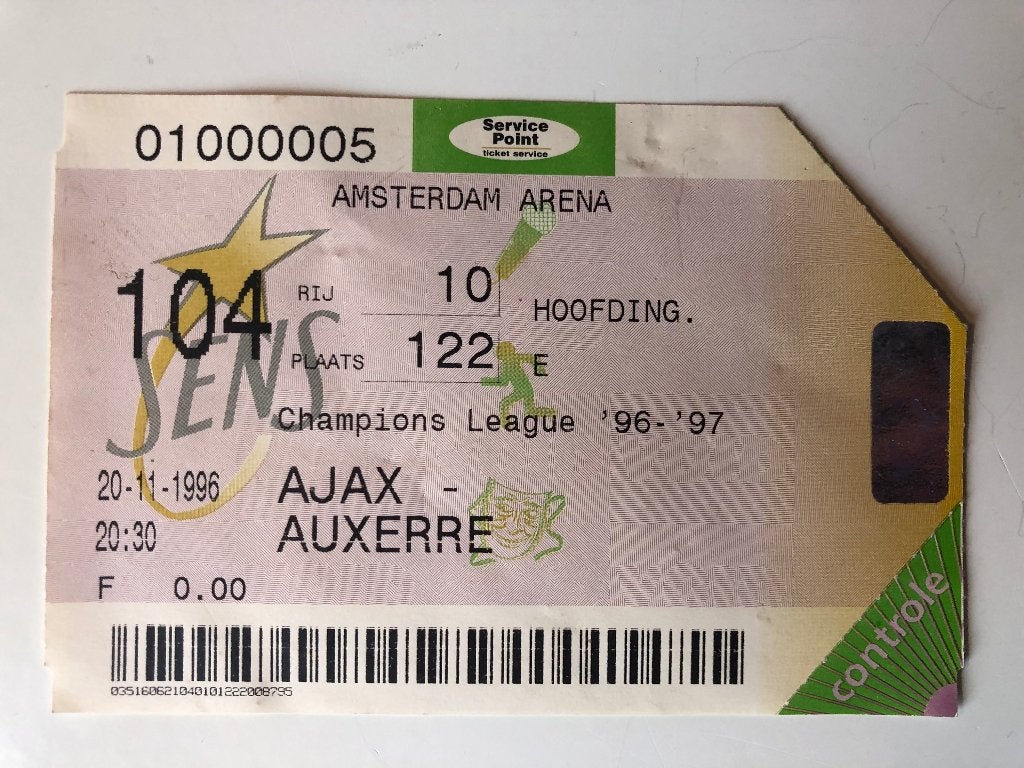Entreebewijs Ajax - Auxerre Champions League 20 nov 1996, Ophalen of Verzenden, Gebruikt, Ajax, Overige typen