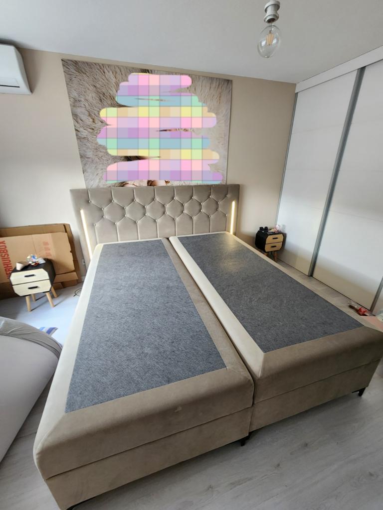 Nieuwe boxspring met opbergruimte en LED verlichting, Ophalen, Beige, 180 cm, 220 cm