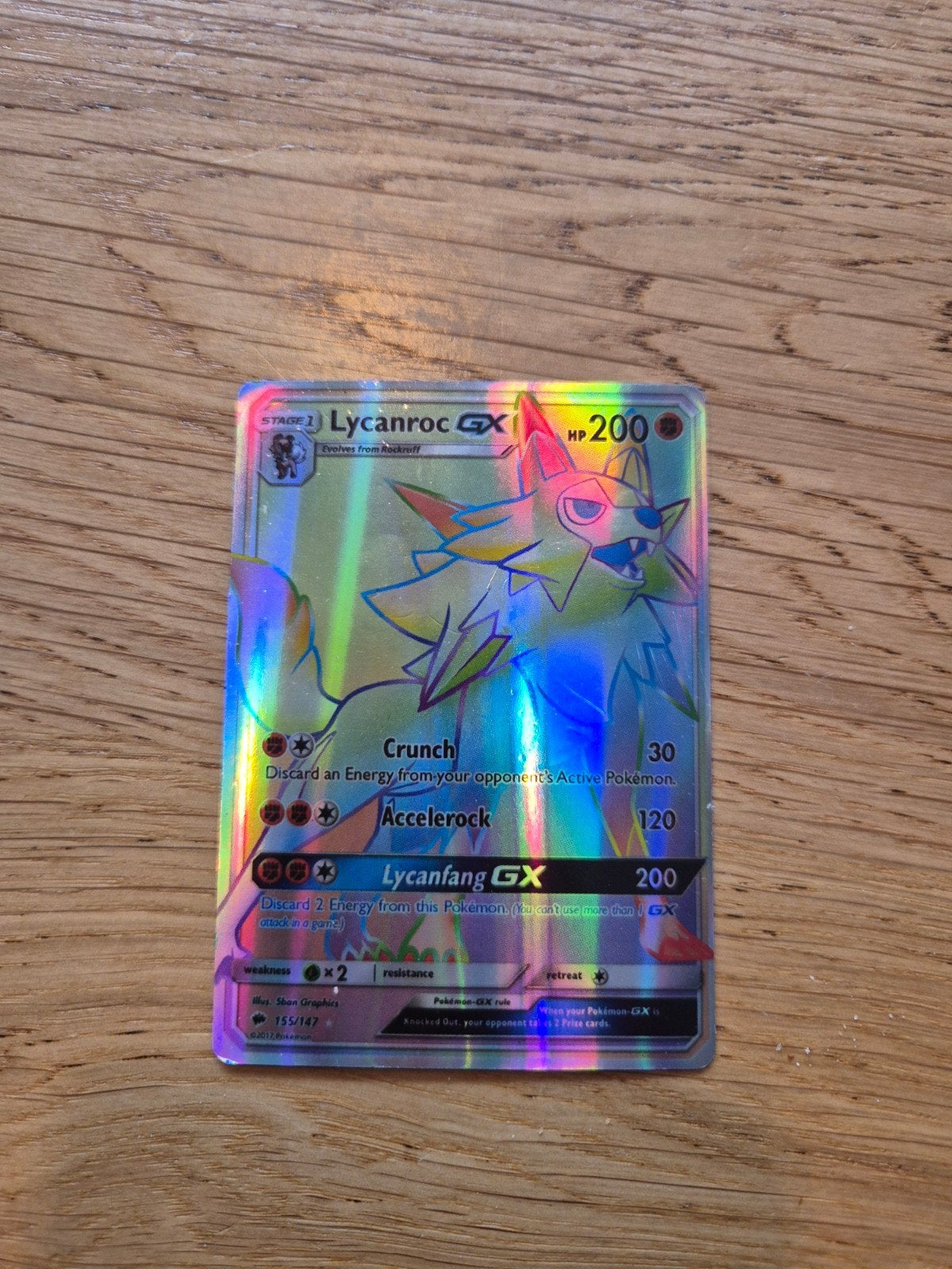 Lycanroc GX Pokémon Kaart - Full Art Rainbow Rare 155/147, Ophalen of Verzenden, Zo goed als nieuw, Losse kaart, Foil