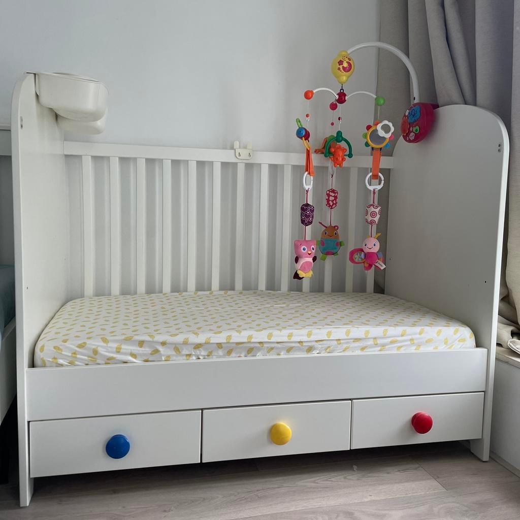 IKEA ledikant Gonatt incl. Matras en opbergmandjes, Ophalen, 70 tot 85 cm, 140 tot 160 cm, Zo goed als nieuw