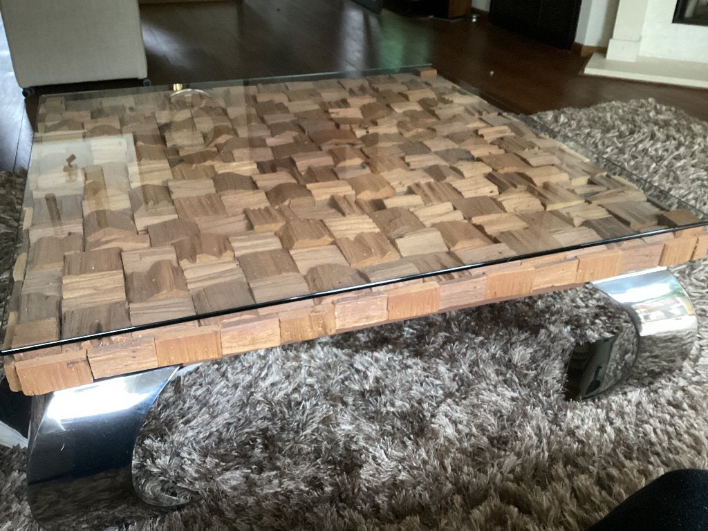 Bijzondere houten mozaïek  salontafel 100x100 cm, Ophalen, Gebruikt, 50 tot 100 cm, Glas