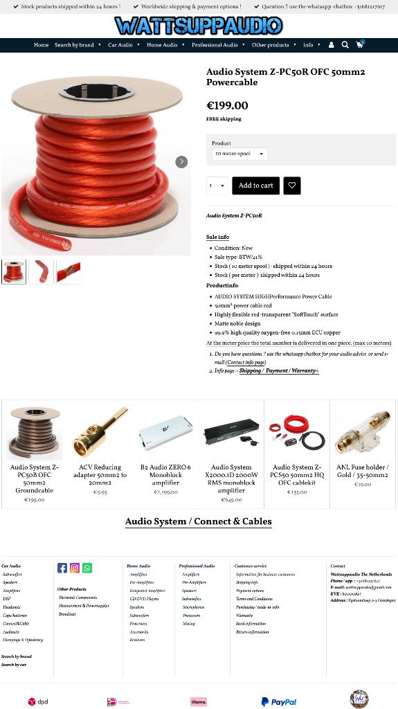 Audio System Z-PC50R OFC 50mm2 Voedingkabel, Auto diversen, Info@optimount.nl, Nieuw, Ophalen of Verzenden, Anholtseweg 48A 7091 HB DINXPERLO