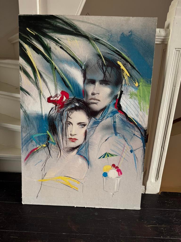 Caribbean Couple" vintage poster op hout, jaren 80 romantiek, Ophalen of Verzenden