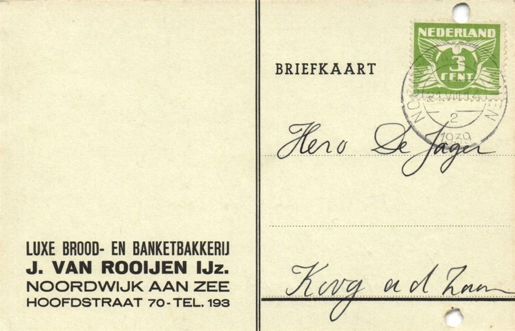 J. van Rooijen IJz., Noordwijk aan Zee - 08.1939 - briefkaar, Ophalen of Verzenden, Briefkaart