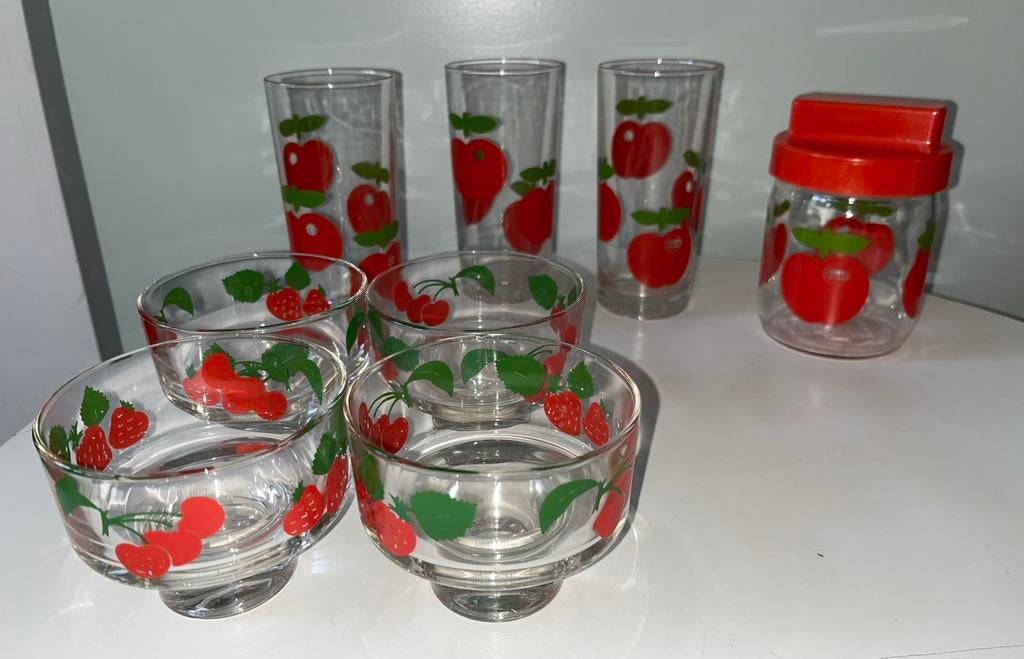 Vintage Gulf appeltjes pot ranja glazen  en schaaltjes, Glas of Glazen, Gebruikt, Ophalen of Verzenden, Glas