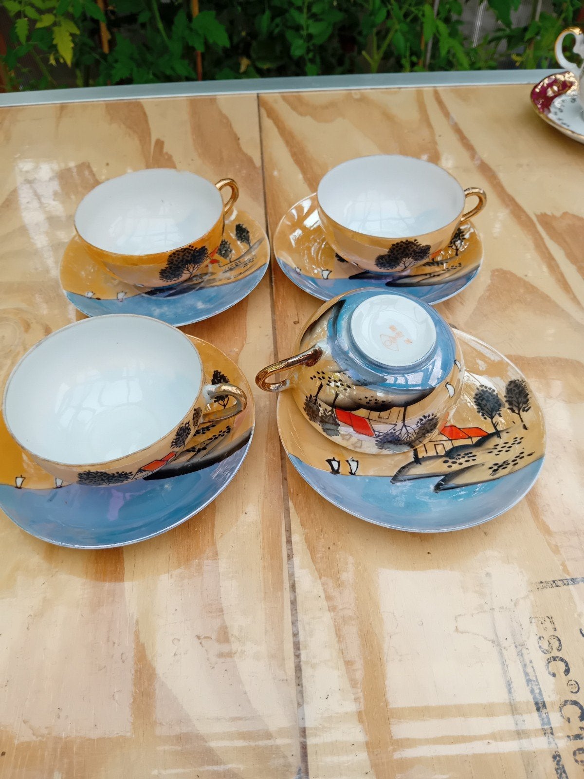 Set van 4 vintage kopjes en schotels met landschap, Antiek en Kunst, Ophalen of Verzenden