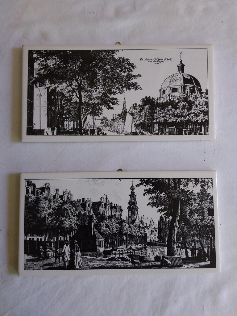 Gravure Mosa tegel Nieuwe Lutherse kerk Amsterdam AVJ 1760, 10 cm, Dubbele gravure, Overige technieken, Ophalen of Verzenden