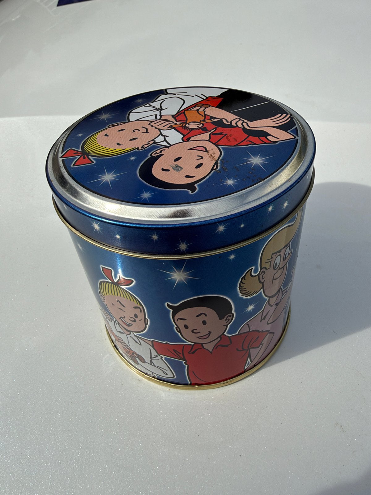 Suske en Wiske blikken trommel - Vintage koektrommel, Verzamelen, Ophalen of Verzenden, Gebruikt, Koek(jes), Overige merken