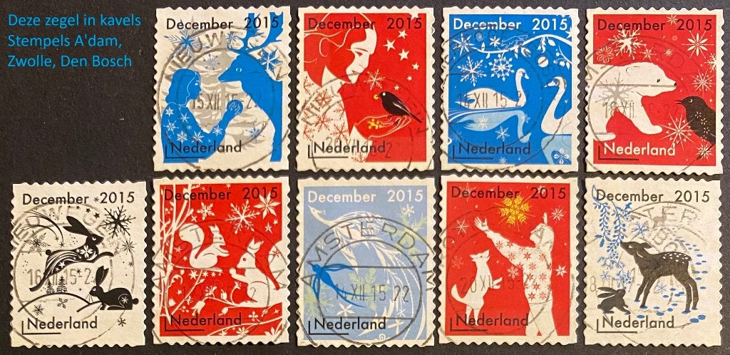 Decemberzegels 2015 gestempeld - mail uw keuze + bod, Postzegels en Munten, Ophalen of Verzenden, Na 1940, Gestempeld