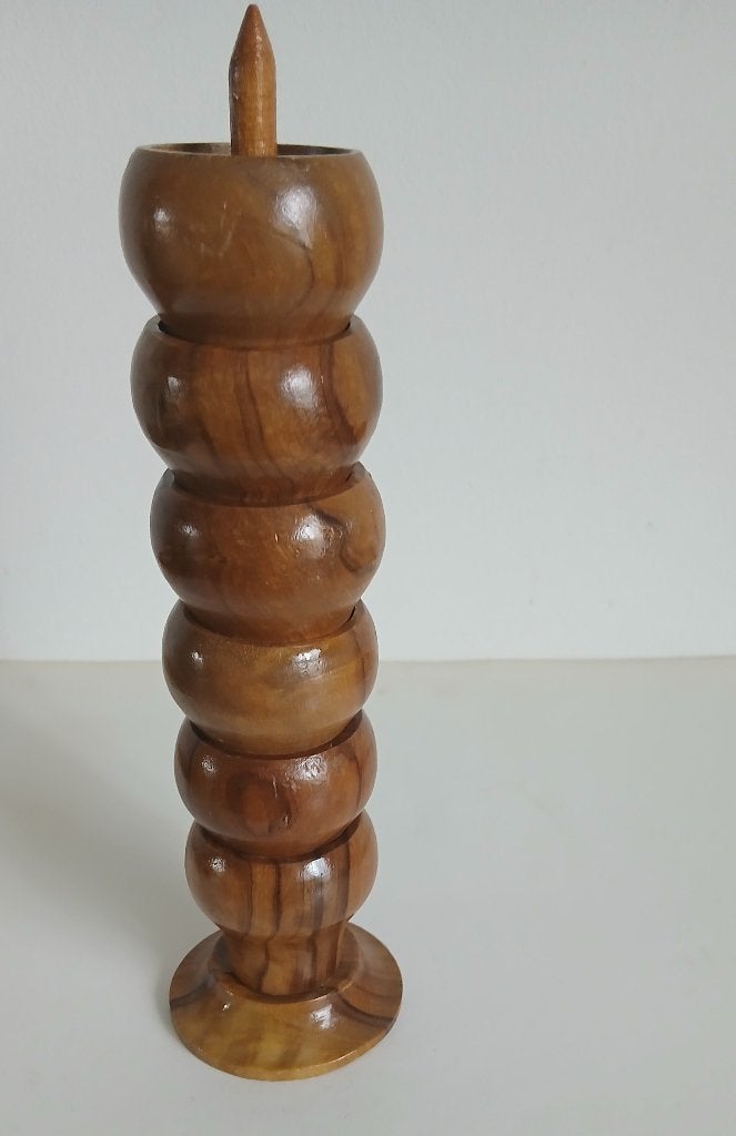 Set van 6 (olijf)houten eierdopjes op houten pen., Overige merken, Overige typen, Ophalen of Verzenden, Zo goed als nieuw