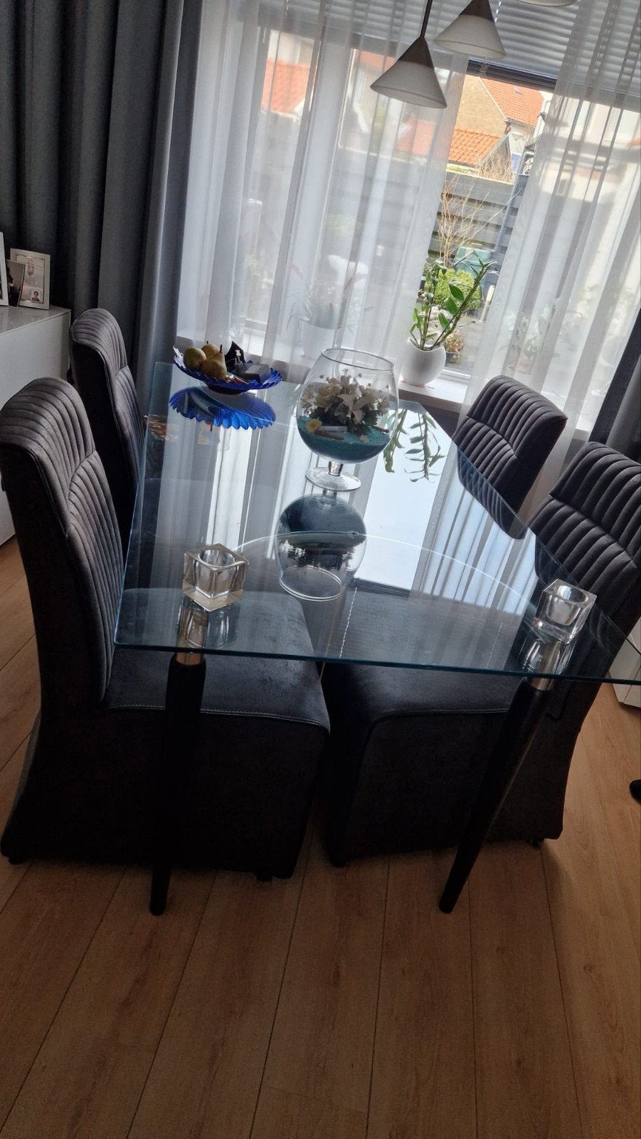Glazen eettafel met losse poten - 160x90x76 cm, Ophalen, Gebruikt, 50 tot 100 cm, Glas