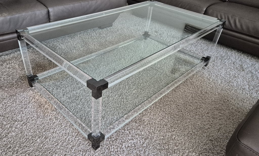 Salontafel met glazen bladen en perspex frame, Huis en Inrichting, Tafels | Salontafels, Ophalen, Gebruikt, Glas, 100 tot 150 cm