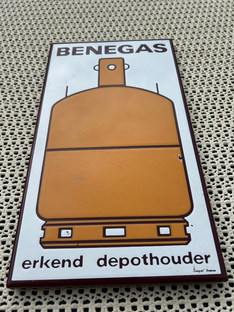 te koop:Origineel BENEGAS Emaille Reclamebord 32x18 cm, Ophalen of Verzenden