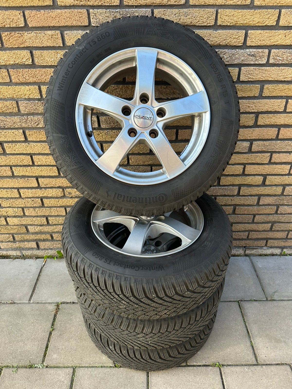 Winterset 15 inch Dezent velgen 5x112 Continental 195/65/R15, Ophalen, Gebruikt, 15 inch, Banden en Velgen